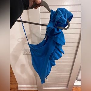 One shoulder ruffle blue body suit